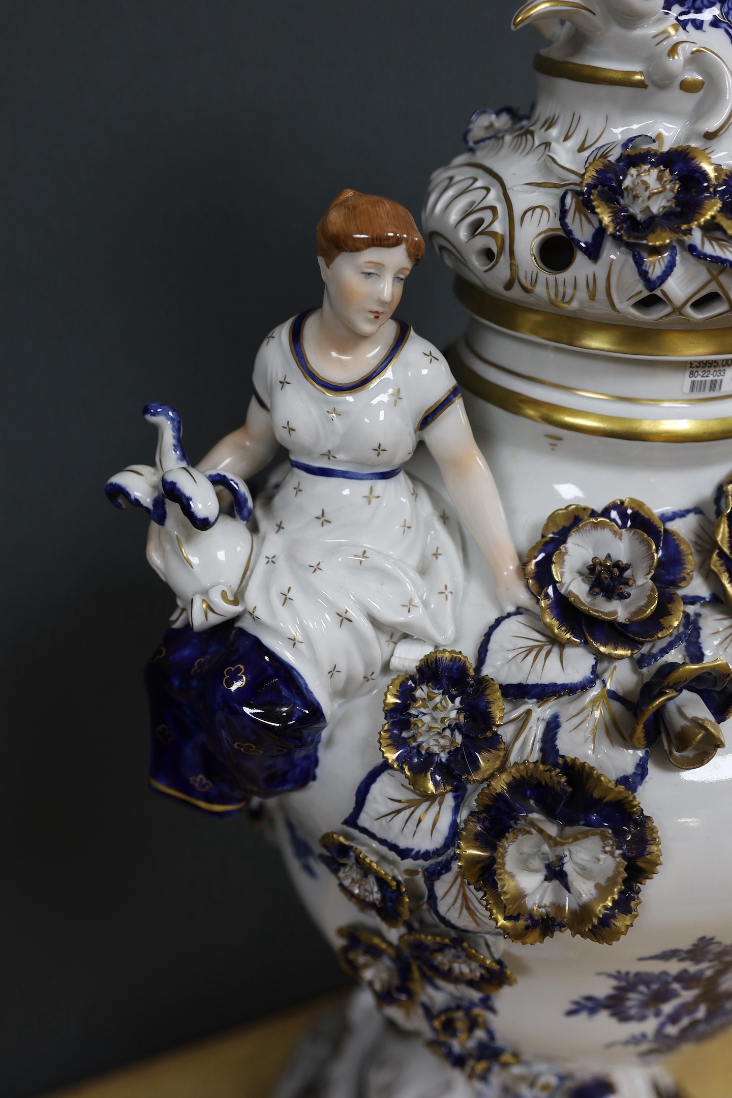 A large and impressive gilt blue and white Dresden lidded urn on stand - 77cm high